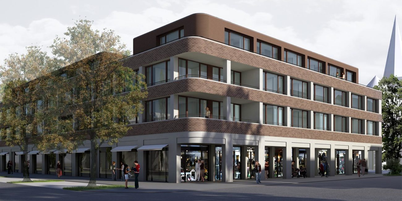 Mehrfamilienhaus – Wohn- und Geschäftshaus Konzept: Blick auf ein modernes Wohn- und Geschäftshaus.